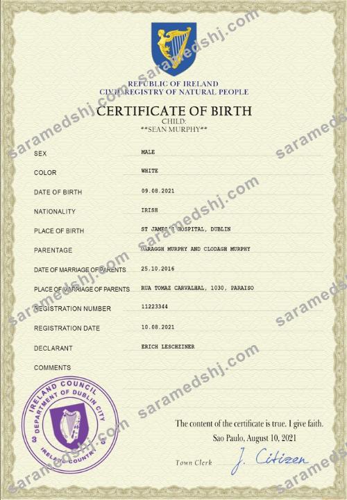 Ireland vital record birth certificate PSD template